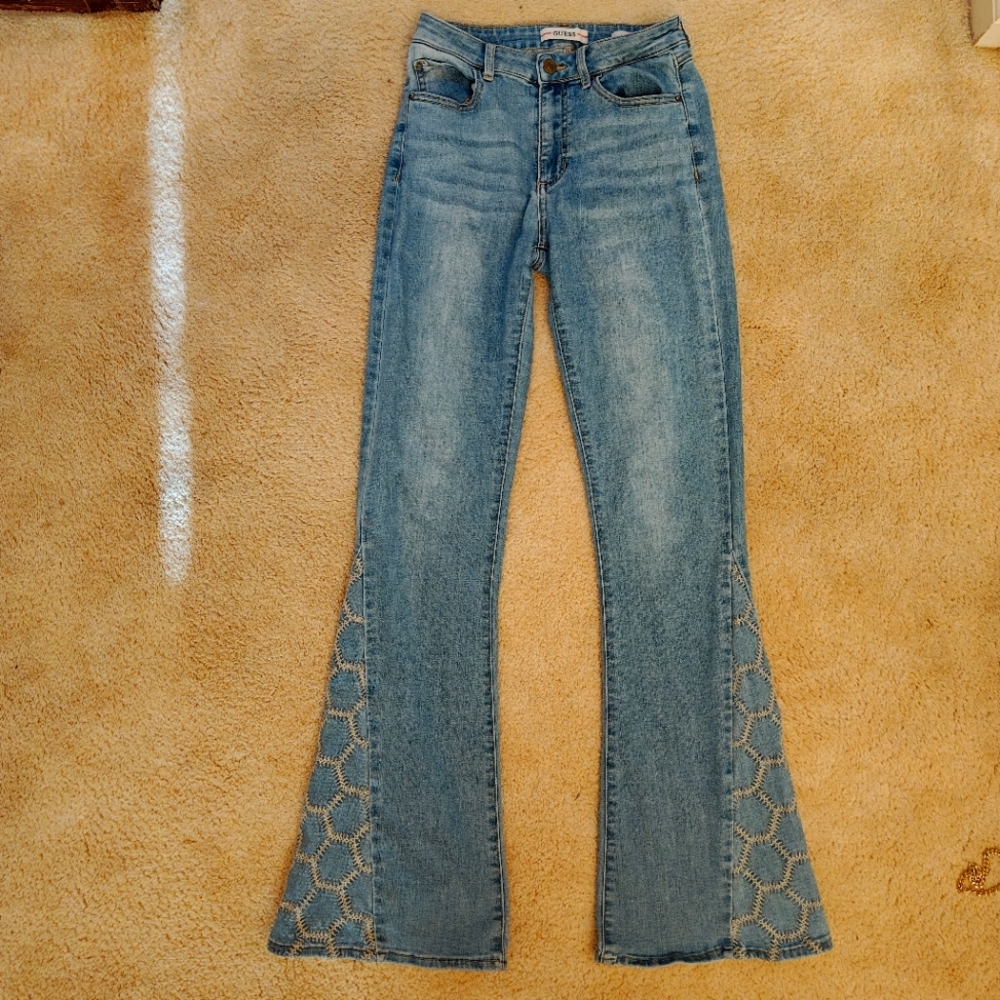 Guess 1981 High Waisted Inset Embroidered Flare Jeans.